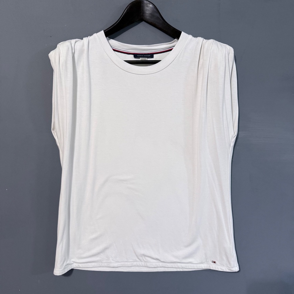 VTG Tommy Hilfiger Pleated Sleeveless Cream Top Shoulder Pads Medium
